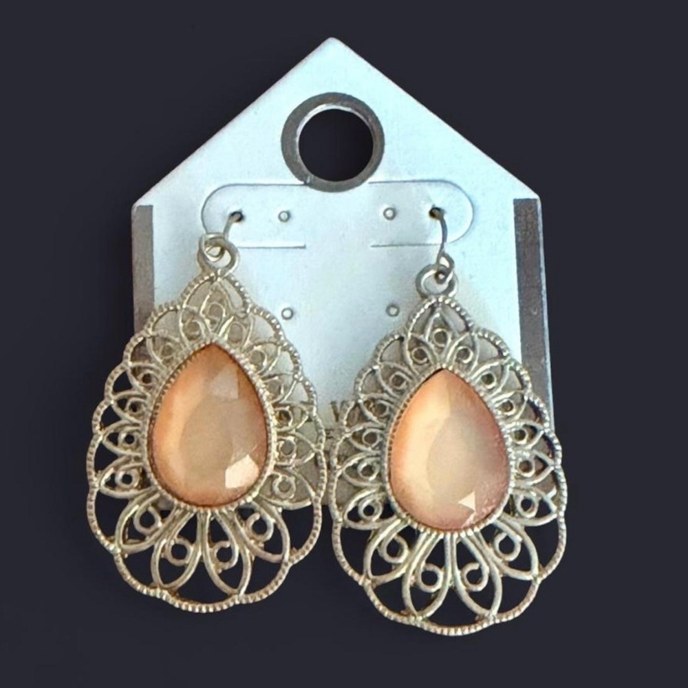 Gold and Peach Teardrop Filigree Earrings, BNWT